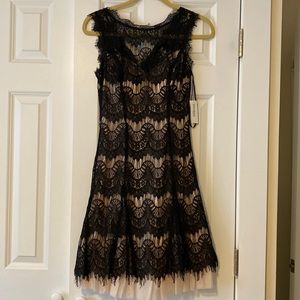 Dress Barn Cocktail Dress Black Lace with Cream Underlay, Slip & Tool - Size 4